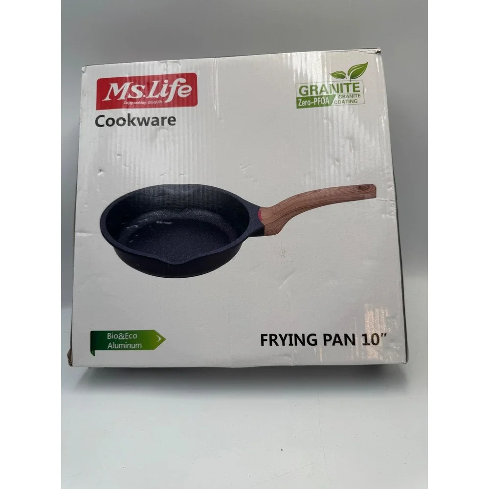 Ms.Life 10 Inch Nonstick Granite Frying Pan Induction Skillet Wood Handle Black
